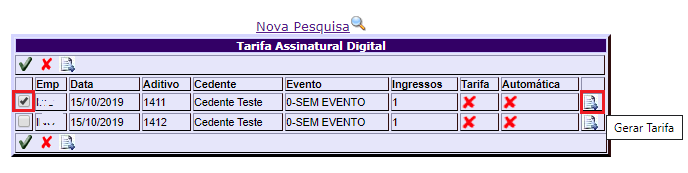 Figura 7 - Opção para selecionar o Cedente/Operação e a opção para gerar a tarifa