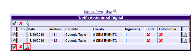 Figura 8 - Tela com a opção para selecionar todos os cedentes/operações pesquisados e gerar a tarifa para todos de uma só vez