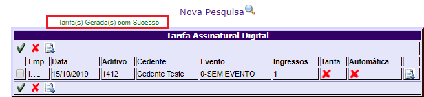 Figura 9 - Tela onde mostra a mensagem de que a Tarifa foi gerada com sucesso