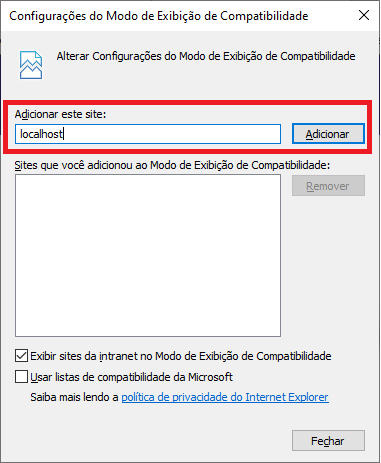 Figura 3 - Adicionando o site ao modo de compatibilidade