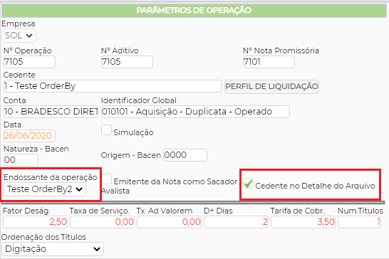 Figura 7 - Parâmetros de Operação - Opção Cedente no Detalhe