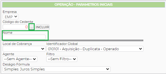 Figura 3 - Parâmetros iniciais