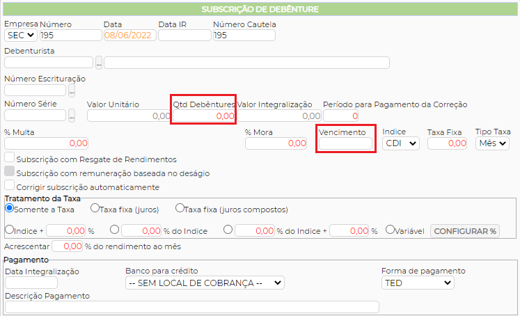 Figura 3 - Cadastro das informações da debênture.