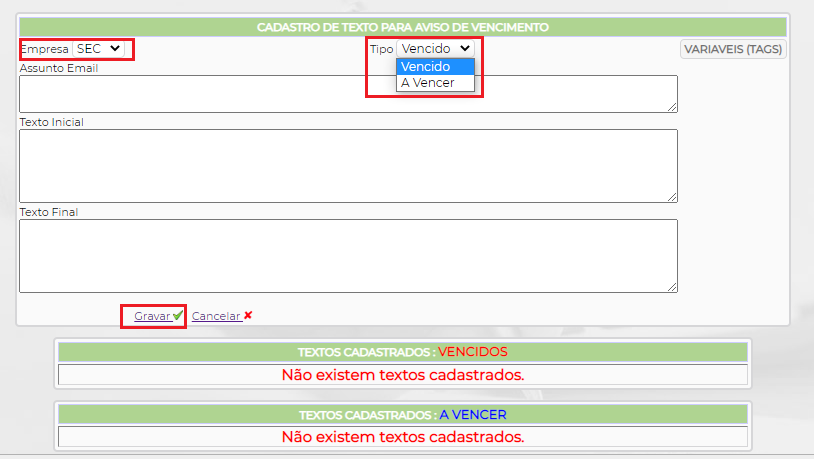 Figura 2 – Cadastro dos textos.