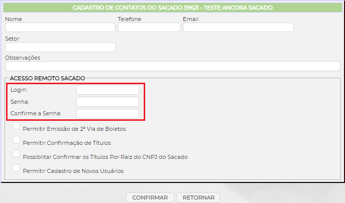 Figura 3 – Cadastro do acesso remoto sacado