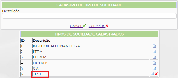 Figura 5 – Novo tipo de sociedade cadastrado