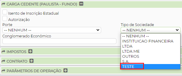 Figura 8 – Tipo de Sociedade no cadastro do cedente