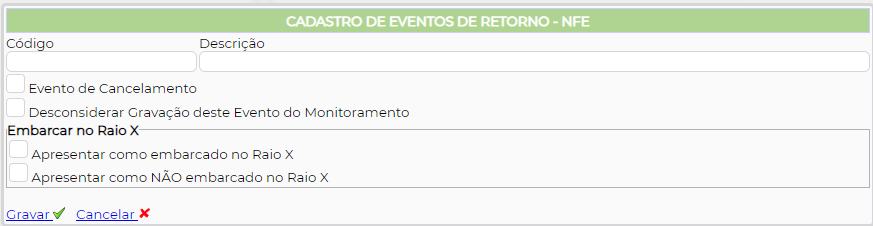 Figura 1 - Cadastro dos Eventos de Retorno