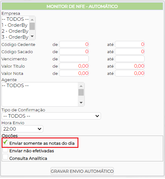 Figura 2 - Filtros para envio